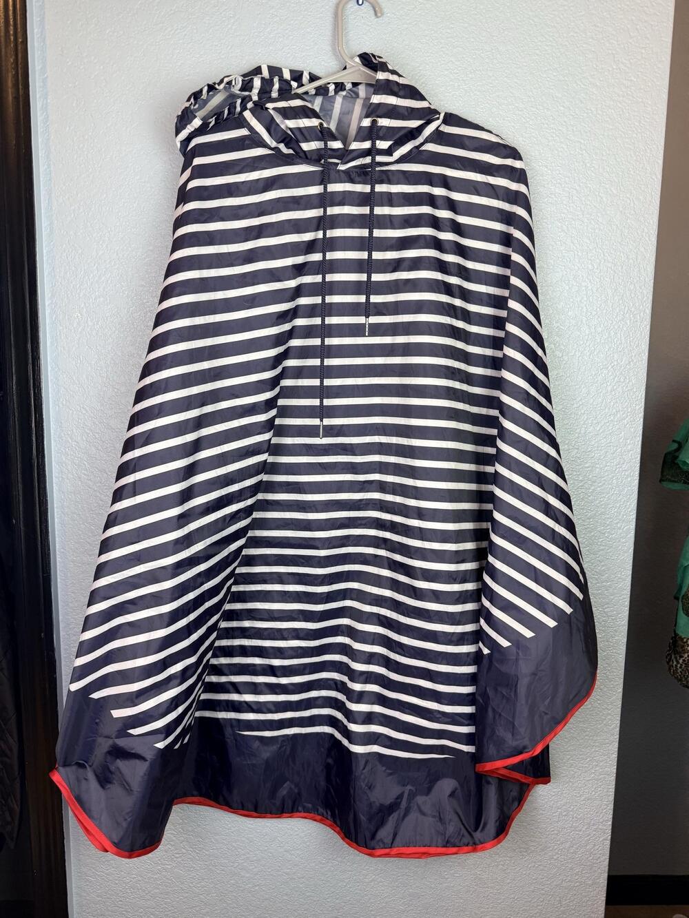 Charlie Paige Poncho Womens One Size Blue Striped Hooded Rain Cape Nautical